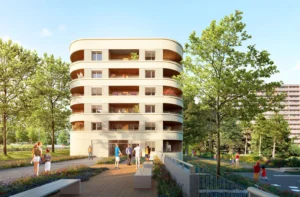 H TOWER à Rillieux-la-Pape : vue architecturale de la résidence et de ses loggias